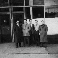 In front of the Dawn Plant, 136 Fulton Street. Brothers Vincent Panucci, Nick Pucci, Frank Shallieu, Stuart Livermore, and Joe Panucci